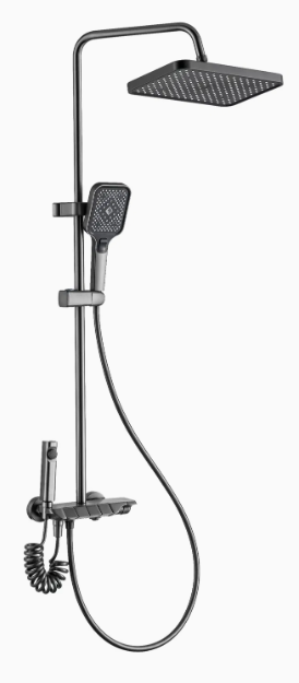 HJ-H046 Square Brass Shower Set with Shelf and Piano Key - Grey Silver
